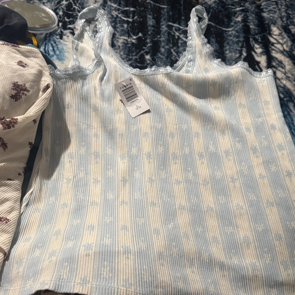 Torrid Blue and Cream Camisole with Lace Trim